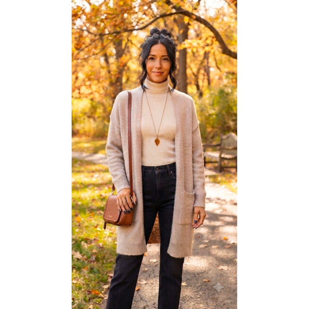 Anthropologie Open Front Longline Cardigan Sweater Beige Small